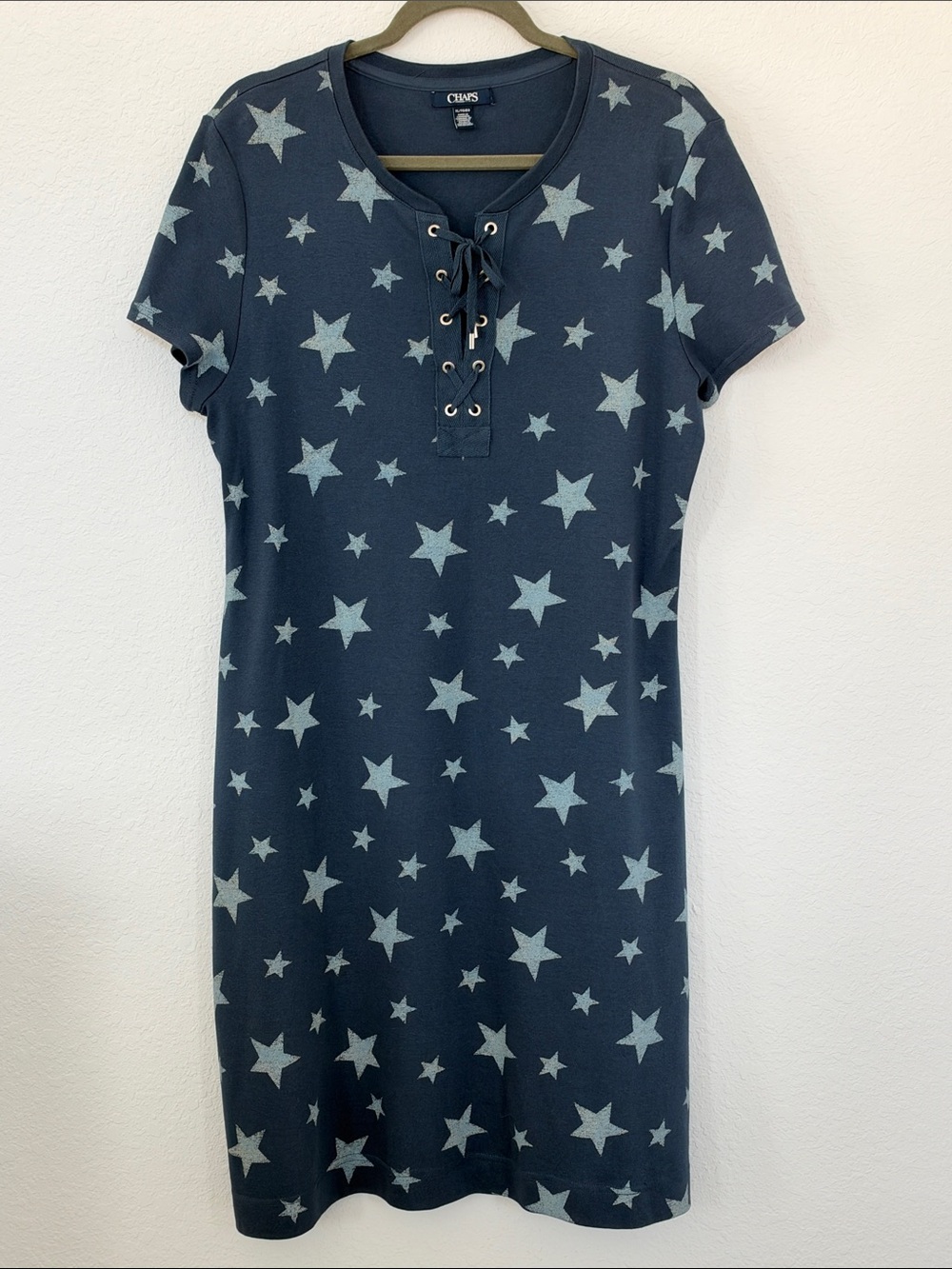 Chaps XL Navy Blue Star Print Lace Up T-Shirt Dress 100% Cotton